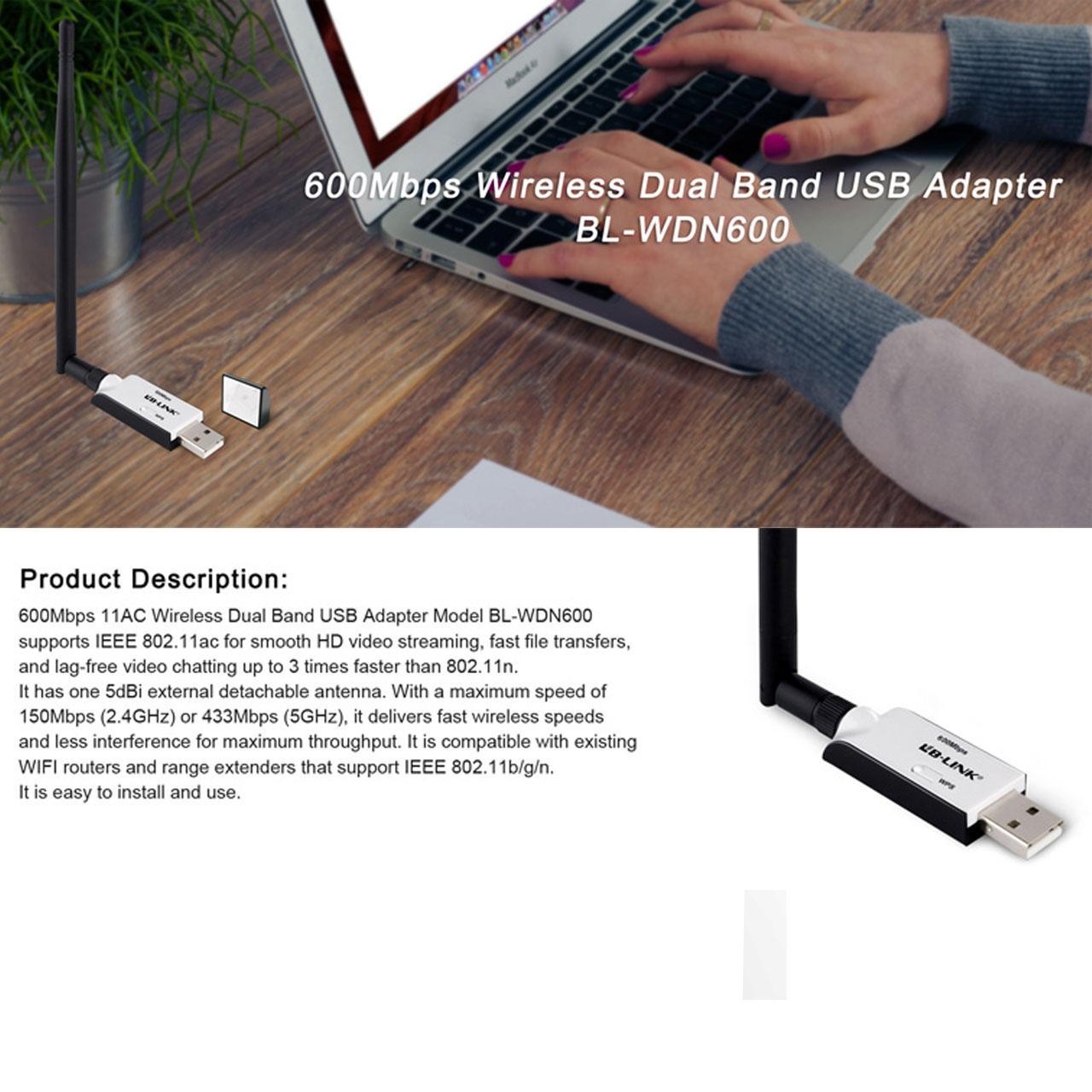 کارت شبکه اکسترنال وایرلس USB آنتن دار LB-LINK 600Mbps  BL-WN600