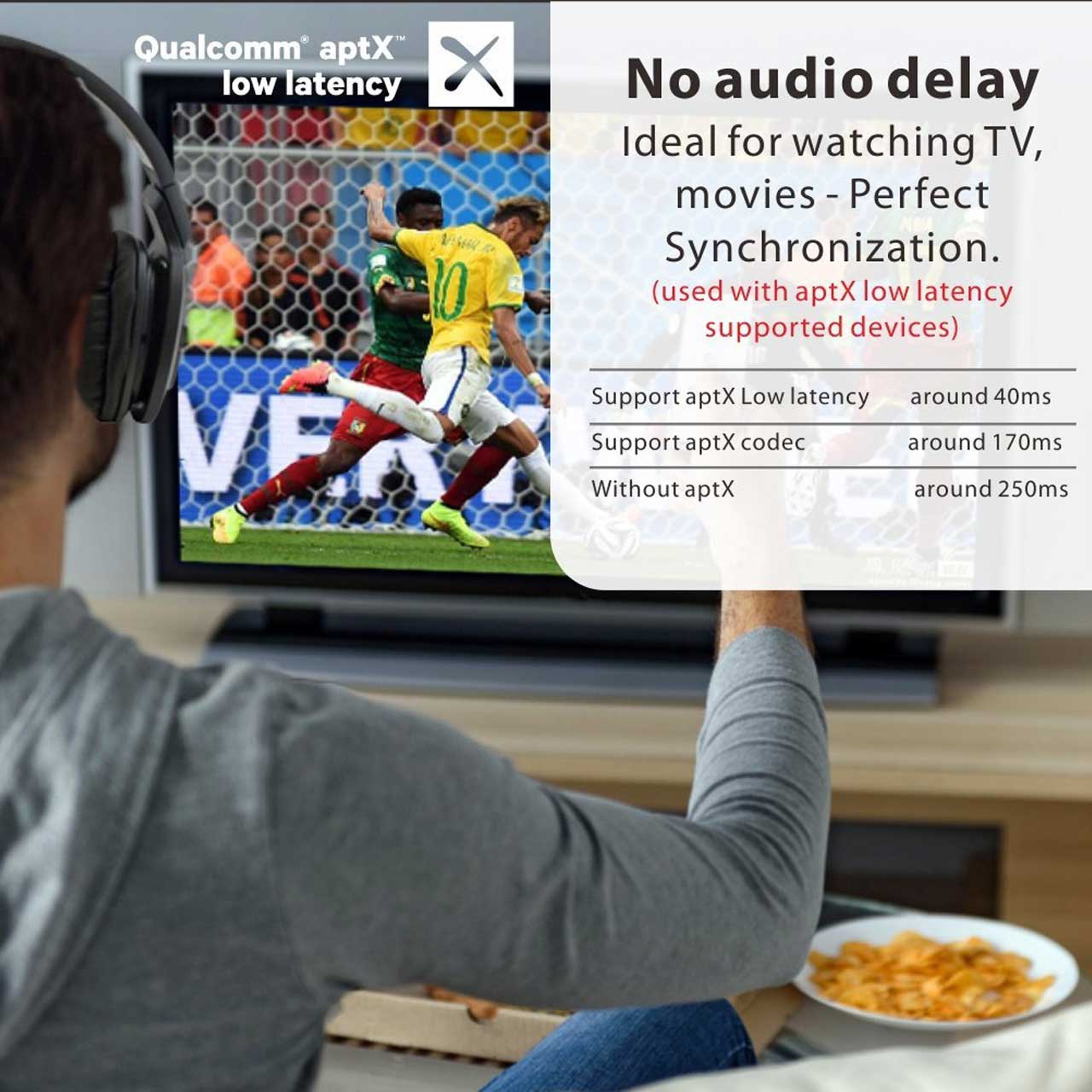 Qualcomm® aptX™ Low Latency audio ensures your Bluetooth® wireless enabled device can deliver sound in sync with visual media