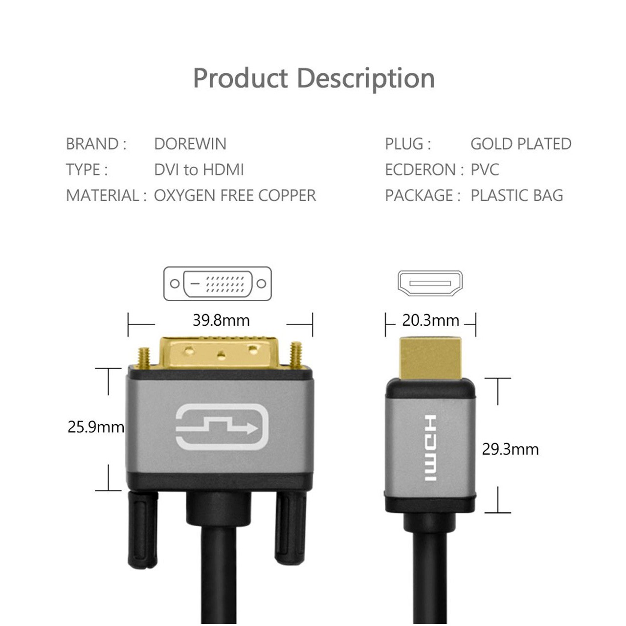 کابل تبدیل 2 متری DVI-D DUAL LINK به HDMI مارک DOREWIN با کیفیت تصویر 4K
