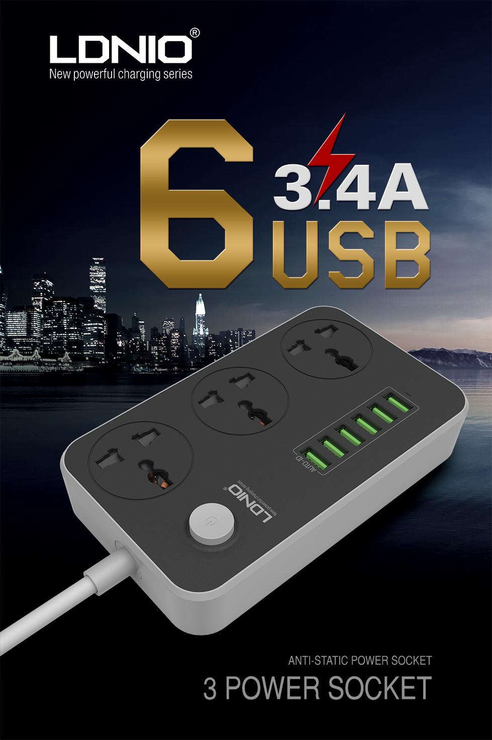 سه راهی برق LDNIO به همراه 6 خروجی شارژر USB مدل SC3604